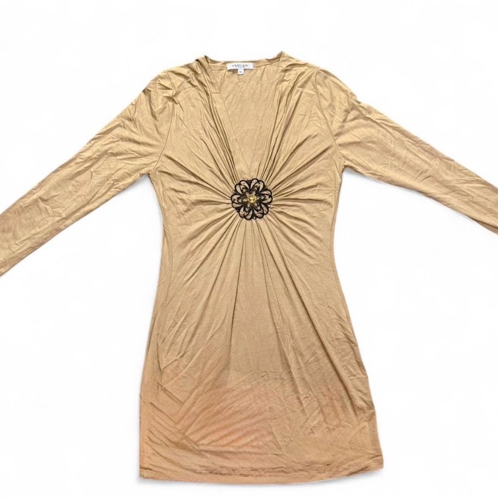 Beige Long-Sleeve V-Neck Dress or Shirt with Center Embellishment